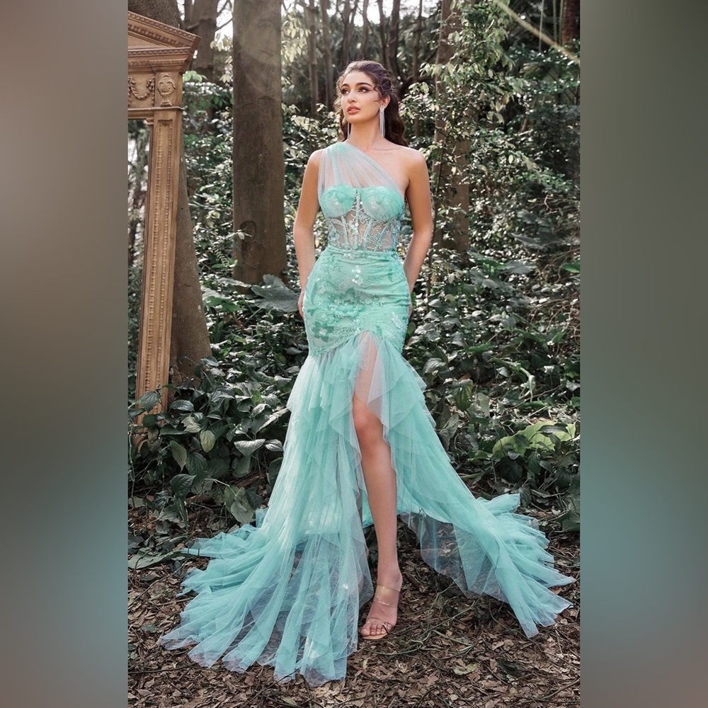 Faeriesty Luxury One Shoulder Tulle Overlay Mermaid Floral Sequin Dress Sz Large - Picture 1 of 7